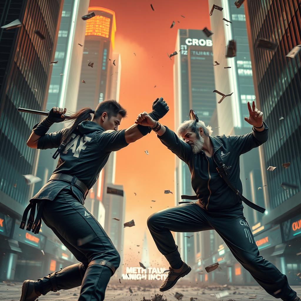 A dynamic and intense action scene featuring two individuals engaged in a high-stakes combat sequence