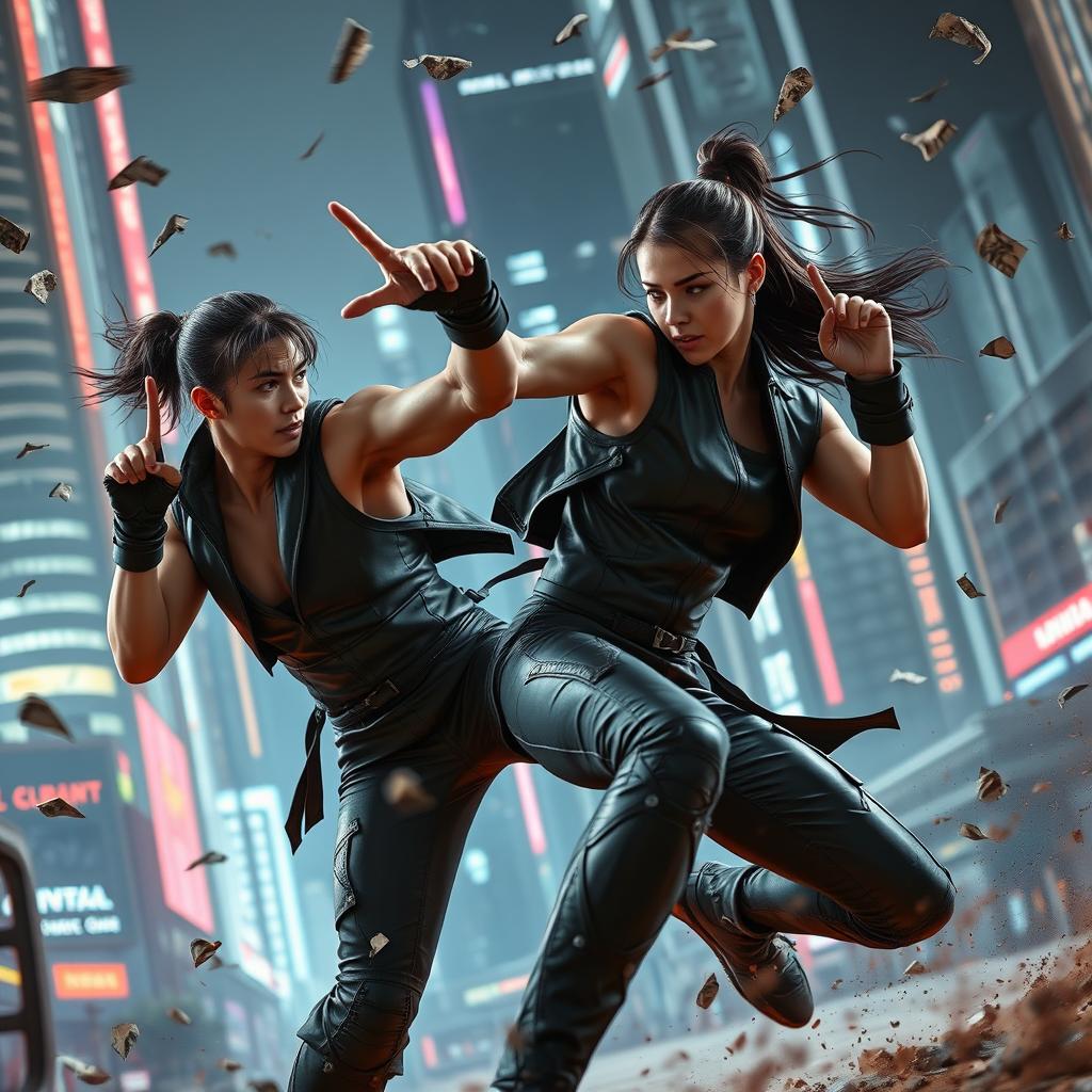 A dynamic and intense action scene featuring two individuals engaged in a high-stakes combat sequence