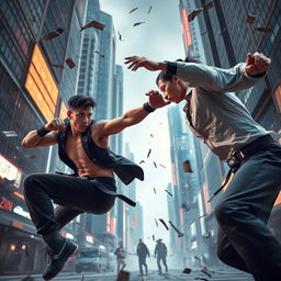 A dynamic and intense action scene featuring two individuals engaged in a high-stakes combat sequence