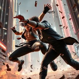 A dynamic and intense action scene featuring two individuals engaged in a high-stakes combat sequence