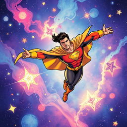 A dynamic illustration of a superhero in a cosmic setting, showcasing powers and strength