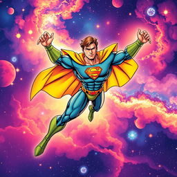 A dynamic illustration of a superhero in a cosmic setting, showcasing powers and strength