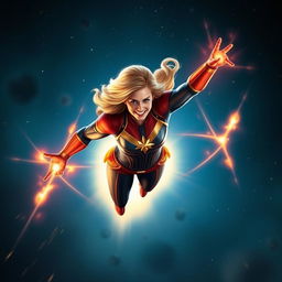 A dynamic and empowering depiction of Captain Marvel in action, showcasing her strength and vibrant energy