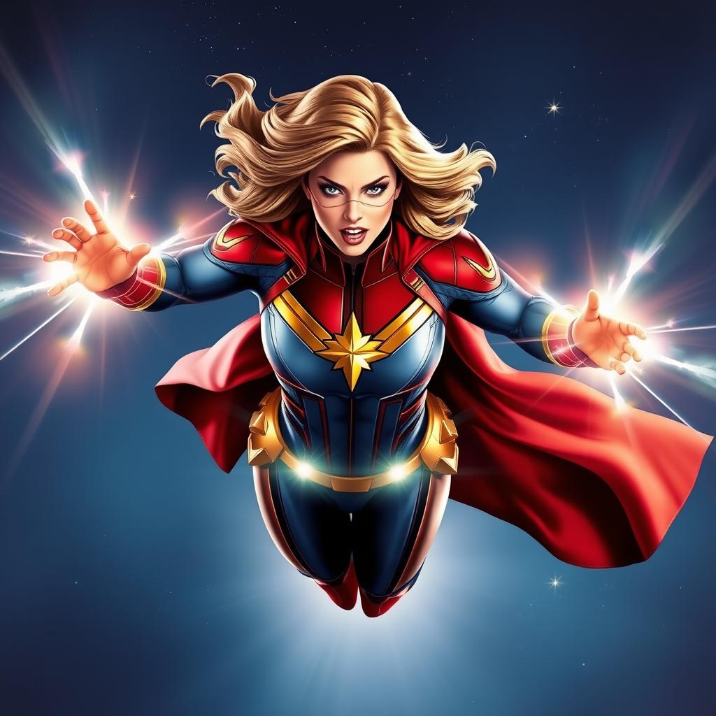 A dynamic and empowering depiction of Captain Marvel in action, showcasing her strength and vibrant energy