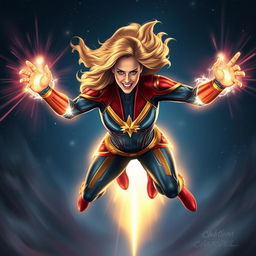 A dynamic and empowering depiction of Captain Marvel in action, showcasing her strength and vibrant energy