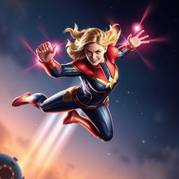 A dynamic and empowering depiction of Captain Marvel in action, showcasing her strength and vibrant energy