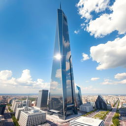 A futuristic skyscraper towering into the sky, with a sleek and modern design, reflecting the sunlight on its glass facade