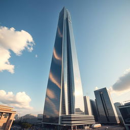 A futuristic skyscraper towering into the sky, with a sleek and modern design, reflecting the sunlight on its glass facade