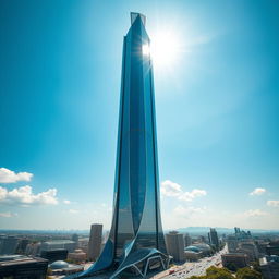 A futuristic skyscraper towering into the sky, with a sleek and modern design, reflecting the sunlight on its glass facade