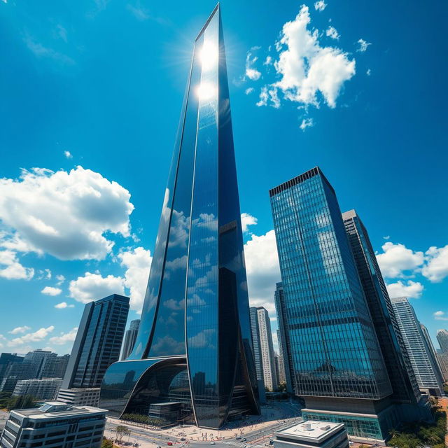 A futuristic skyscraper towering into the sky, with a sleek and modern design, reflecting the sunlight on its glass facade