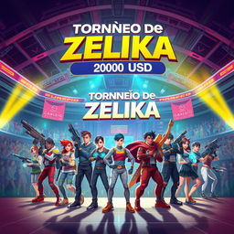 A vibrant and dynamic illustration of a futuristic tournament called "Torneo de Zelika," featuring a grand prize of 2000 USD