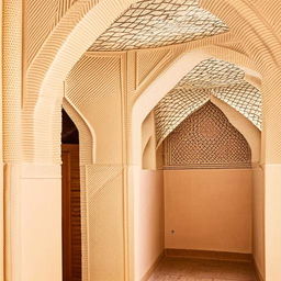 A cozy residential home interior, tastefully decorated in Yazd architectural style, demonstrating features such as adobe walls, windcatchers, and intricate geometric patterns