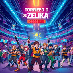 A vibrant and dynamic illustration of a futuristic tournament called "Torneo de Zelika," featuring a grand prize of 2000 USD