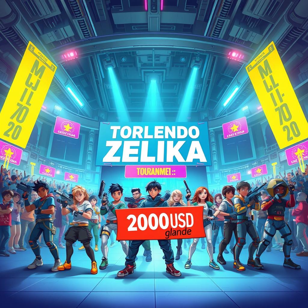 A vibrant and dynamic illustration of a futuristic tournament called "Torneo de Zelika," featuring a grand prize of 2000 USD