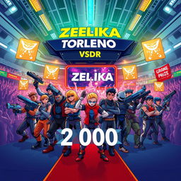 A vibrant and dynamic illustration of a futuristic tournament called "Torneo de Zelika," featuring a grand prize of 2000 USD