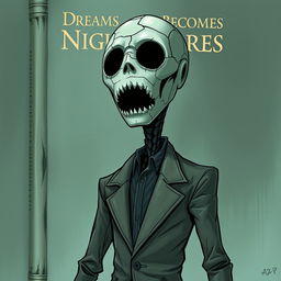 A book cover for 'Dreams Becomes Nightmares' featuring a tall, slender figure that is the embodiment of terror