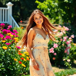 A beautiful young woman standing in a picturesque outdoor setting, with long flowing hair and wearing a stylish summer dress, surrounded by vibrant flowers and lush greenery, radiating a joyful and carefree vibe on a sunny day