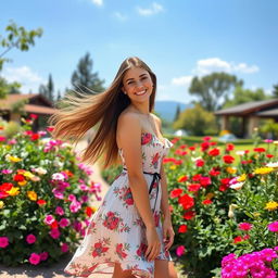 A beautiful young woman standing in a picturesque outdoor setting, with long flowing hair and wearing a stylish summer dress, surrounded by vibrant flowers and lush greenery, radiating a joyful and carefree vibe on a sunny day