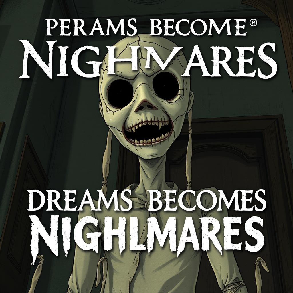 A book cover for 'Dreams Becomes Nightmares' featuring a tall, slender figure that evokes terror