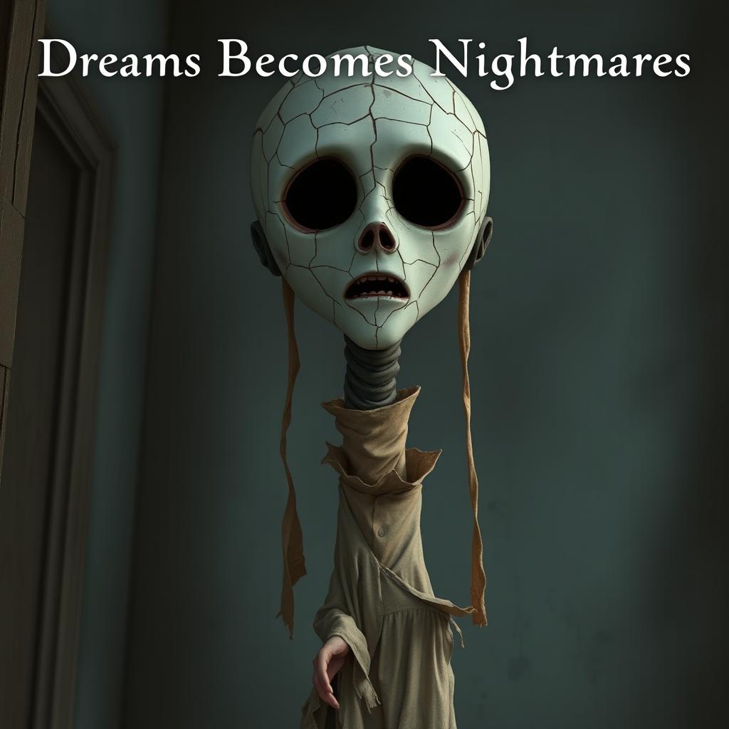 A book cover for 'Dreams Becomes Nightmares' featuring a tall, slender figure that evokes terror