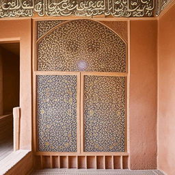 A cozy residential home interior, tastefully decorated in Yazd architectural style, demonstrating features such as adobe walls, windcatchers, and intricate geometric patterns