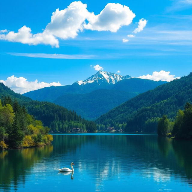 A serene landscape featuring a tranquil lake surrounded by lush green forests