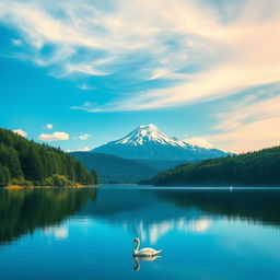 A serene landscape featuring a tranquil lake surrounded by lush green forests