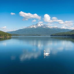 A serene landscape featuring a tranquil lake surrounded by lush green forests