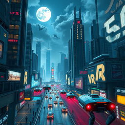 A futuristic robot city at night, with towering skyscrapers made of glass and metal