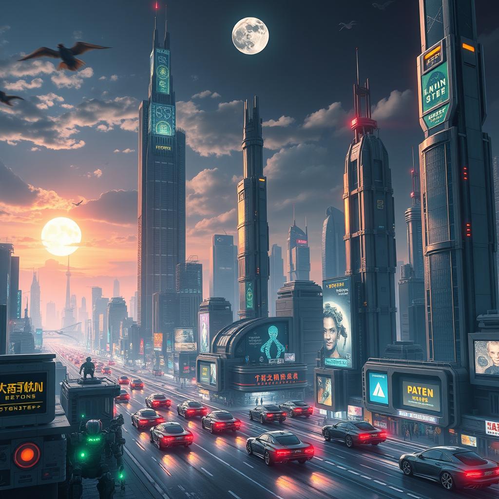 A futuristic robot city at night, with towering skyscrapers made of glass and metal