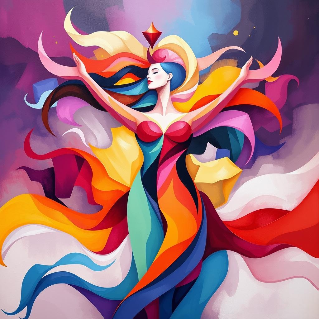 An abstract representation of femininity and empowerment, symbolized through vivid colors and geometric shapes