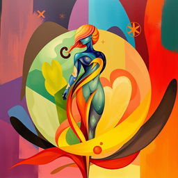 An abstract representation of femininity and empowerment, symbolized through vivid colors and geometric shapes