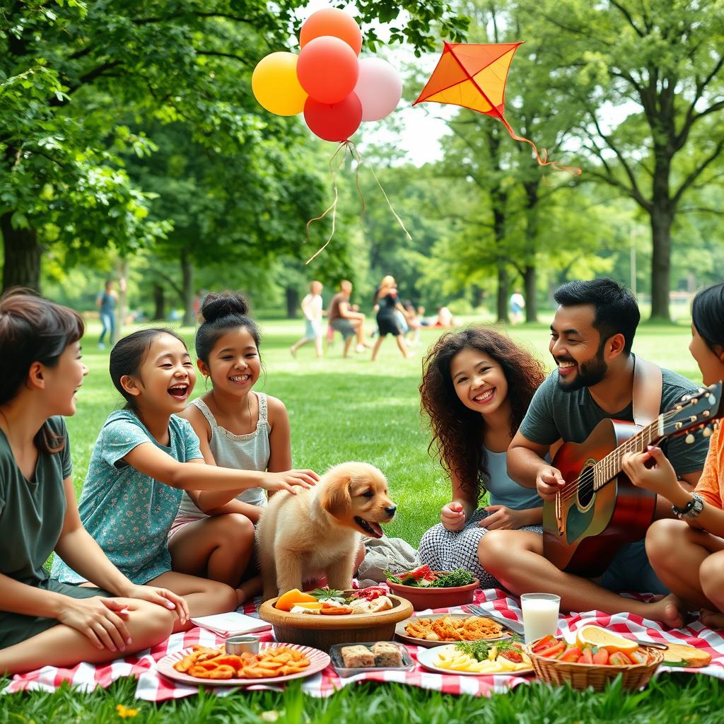 A group of joyful people from diverse backgrounds having a picnic in a lush green park