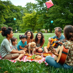 A group of joyful people from diverse backgrounds having a picnic in a lush green park