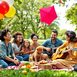 A group of joyful people from diverse backgrounds having a picnic in a lush green park