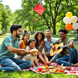 A group of joyful people from diverse backgrounds having a picnic in a lush green park