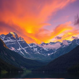 Majestic mountain landscape during sunset, with a vibrant sky transitioning from orange to purple