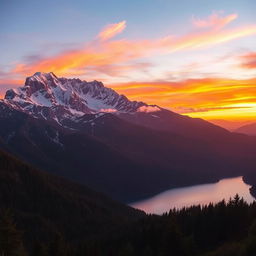 Majestic mountain landscape during sunset, with a vibrant sky transitioning from orange to purple