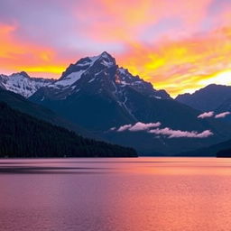 Majestic mountain landscape during sunset, with a vibrant sky transitioning from orange to purple