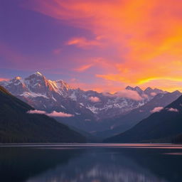 Majestic mountain landscape during sunset, with a vibrant sky transitioning from orange to purple