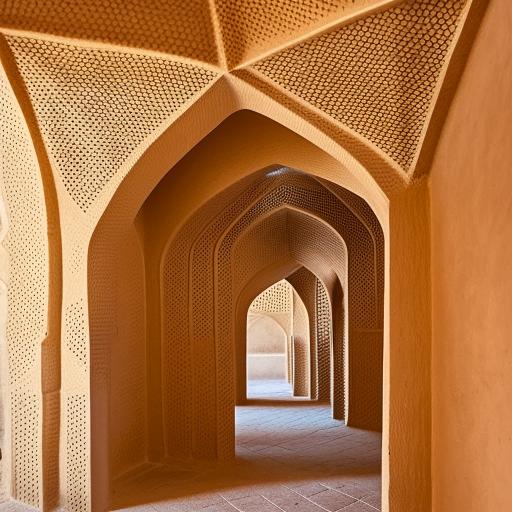 A cozy residential home interior, tastefully decorated in Yazd architectural style, demonstrating features such as adobe walls, windcatchers, and intricate geometric patterns