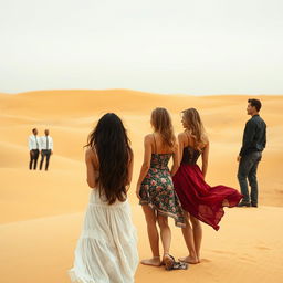 Three women in a desert setting, observing two men from a distance with an air of allure and desire