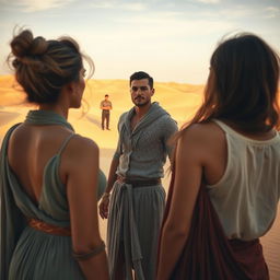 Three women in a desert setting, observing two men from a distance with an air of allure and desire