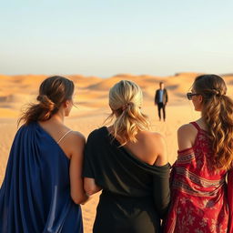 Three women in a desert setting, observing two men from a distance with an air of allure and desire