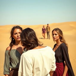 Three women in a desert setting, observing two men from a distance with an air of allure and desire