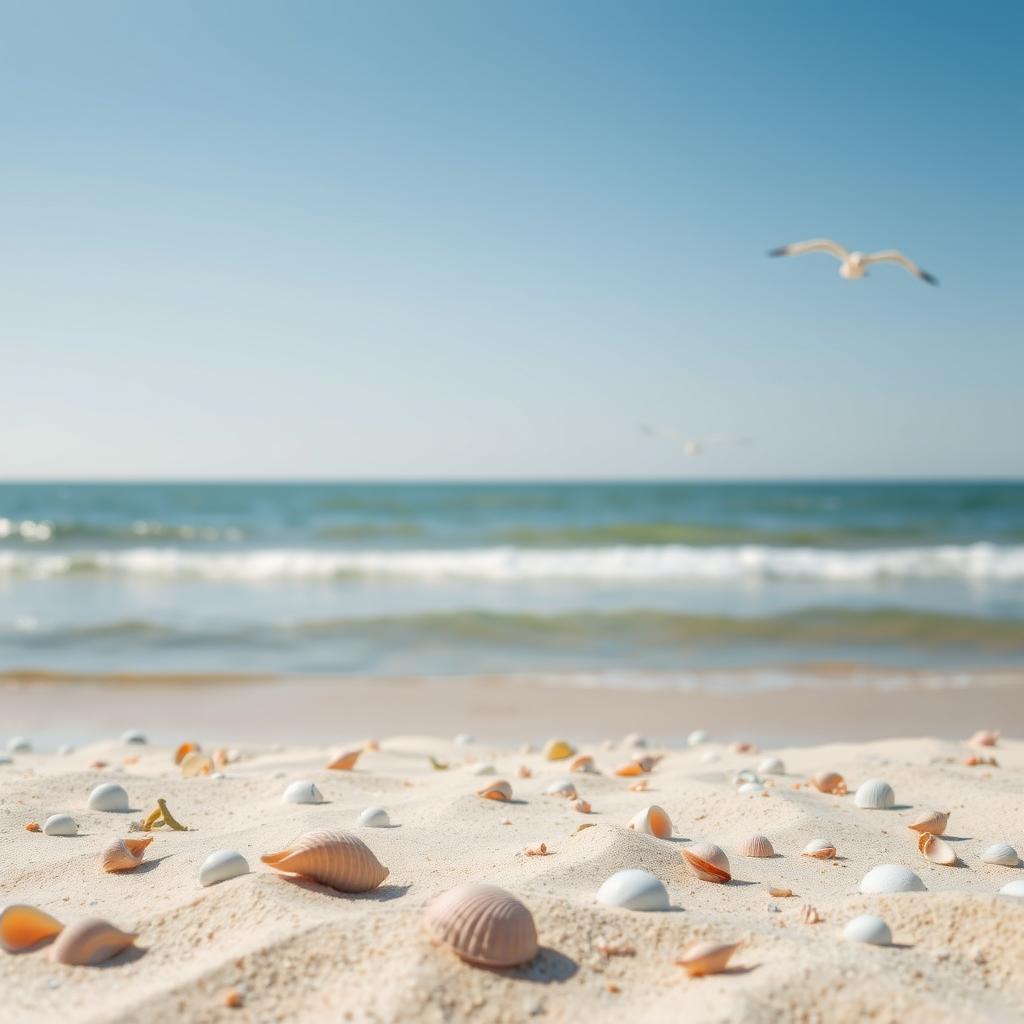 A serene coastal beach scene with seashells scattered on the sand, under a bright, sunny sky