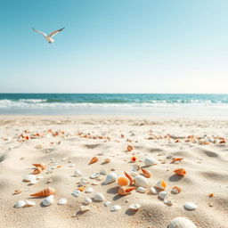 A serene coastal beach scene with seashells scattered on the sand, under a bright, sunny sky