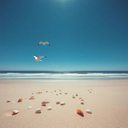 A serene coastal beach scene with seashells scattered on the sand, under a bright, sunny sky