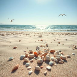 A serene coastal beach scene with seashells scattered on the sand, under a bright, sunny sky