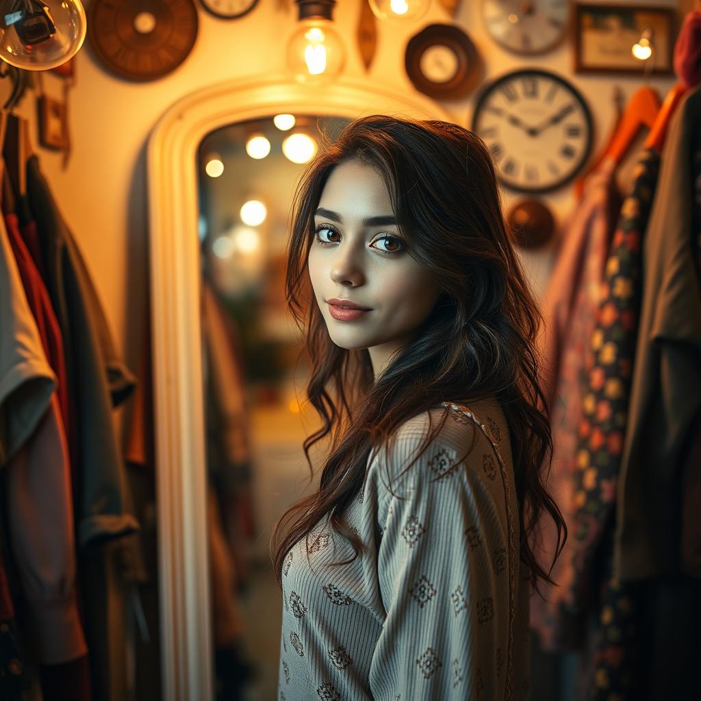 a young woman standing in front of a mirror in a cozy room, focus on her confident and reflective expression, surrounded by vintage decor and colorful clothing hanging around, warm ambient light creating a serene atmosphere, emphasize her natural beauty and the artistic environment